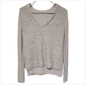 Zara Knit Grey Silver Sequin V-Neck Layered Hem Sweater Large